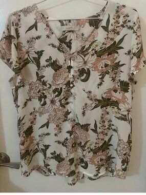 LOFT Cream Floral Short-Sleeve Blouse with Pink and Green Accents
